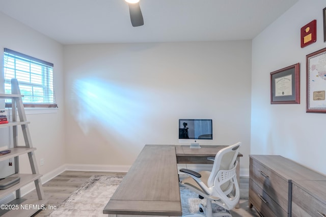 office space featuring ceiling fan, baseboards, and light wood finished floors