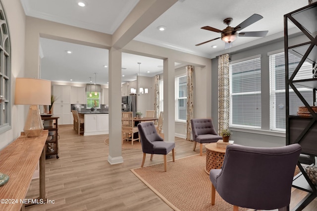 75 Mallow Ct, Saint Johns, FL 32259 - living area with crown molding, recessed lighting, ceiling fan, and light wood finished floors