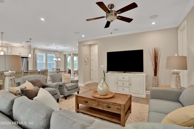 75 Mallow Ct, Saint Johns, FL 32259 - living room featuring ceiling fan, light wood-type flooring, baseboards, ornamental molding, and recessed lighting