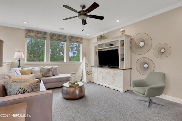 75 Mallow Ct, Saint Johns, FL 32259 - carpeted living area with baseboards, ornamental molding, ceiling fan, and recessed lighting