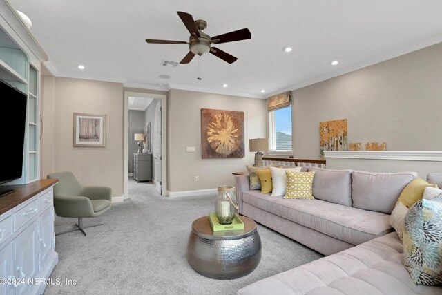 75 Mallow Ct, Saint Johns, FL 32259 - living room featuring ceiling fan, light colored carpet, recessed lighting, baseboards, and visible vents