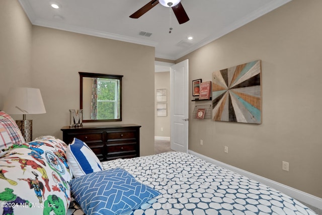 75 Mallow Ct, Saint Johns, FL 32259 - carpeted bedroom featuring a ceiling fan, visible vents, baseboards, ornamental molding, and recessed lighting