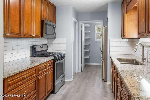 601 Robert Livingston St, Orange Park, FL 32073 - kitchen featuring appliances with stainless steel finishes, light stone counters, a sink, light wood finished floors, and baseboards