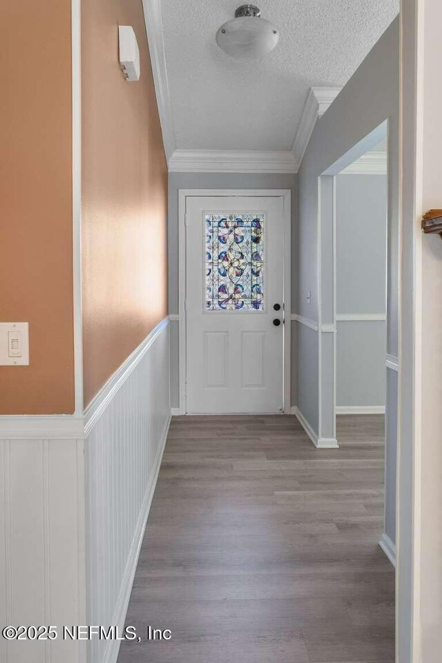 601 Robert Livingston St, Orange Park, FL 32073 - corridor with crown molding, a wainscoted wall, wood finished floors, and a textured ceiling
