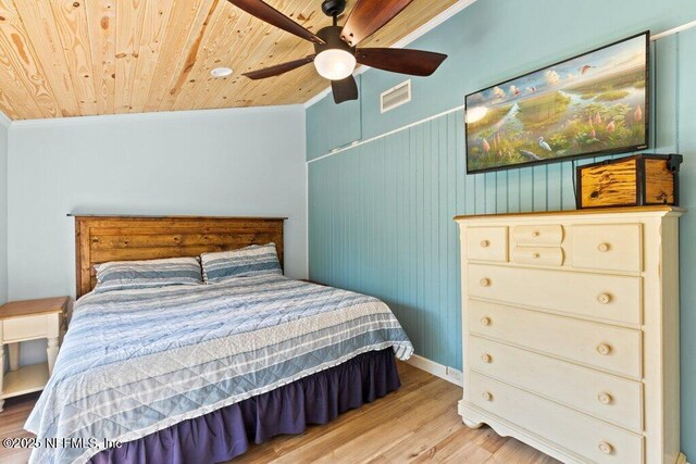 6960 Charles St, Saint Augustine, FL 32080 - bedroom with visible vents, wooden ceiling, ceiling fan, crown molding, and wood finished floors