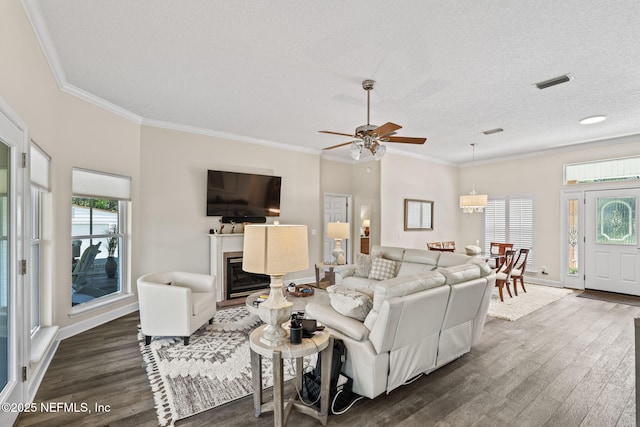 living room with ceiling fan, visible vents, ornamental molding, and dark wood finished floors
