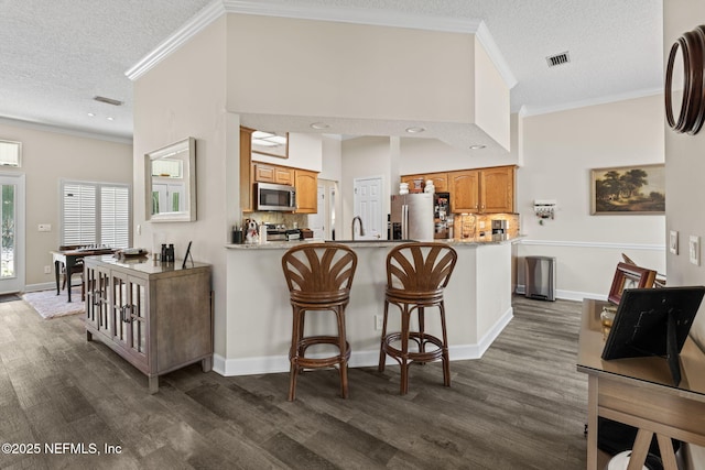kitchen featuring dark wood-type flooring, ornamental molding, appliances with stainless steel finishes, and a textured ceiling