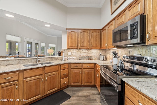 kitchen featuring crown molding, dark wood finished floors, appliances with stainless steel finishes, light stone counters, and a sink