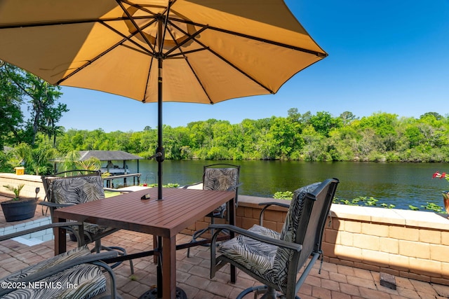 view of patio with a water view