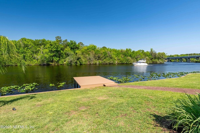 view of dock featuring a lawn and a water view