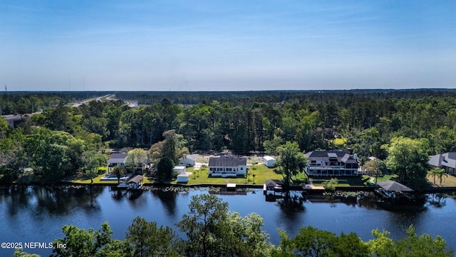 birds eye view of property featuring a forest view and a water view