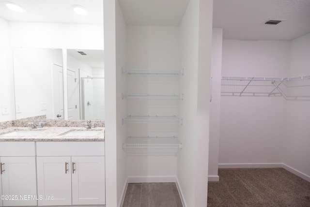 bathroom with a walk in closet, baseboards, and a sink