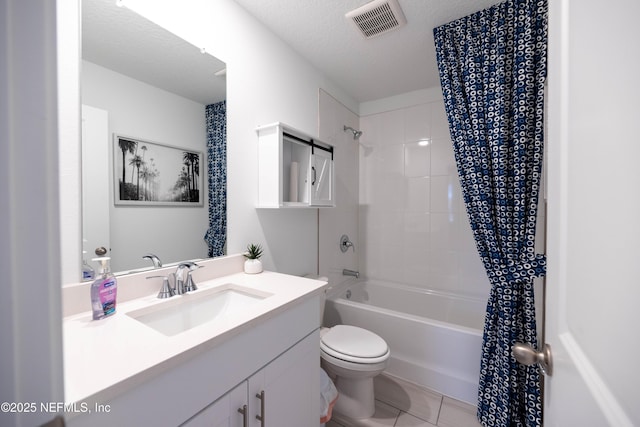 bathroom featuring vanity, a textured ceiling, toilet, shower / bathtub combination with curtain, and visible vents