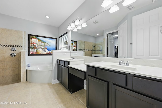 105 Weathered Oak Ct, Saint Johns, FL 32259 - bathroom with a walk in shower, double vanity, tile patterned flooring, and a tub to relax in