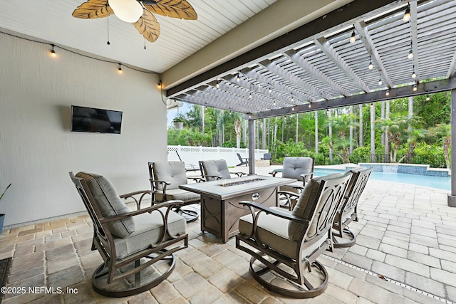 105 Weathered Oak Ct, Saint Johns, FL 32259 - fenced backyard with an outdoor fire pit, an outdoor pool, a pergola, ceiling fan, and a patio area