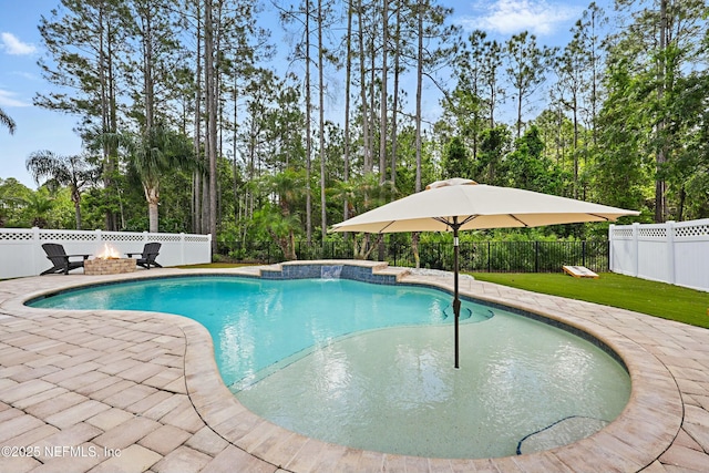 105 Weathered Oak Ct, Saint Johns, FL 32259 - view of pool featuring an outdoor fire pit, a patio area, a fenced backyard, and view of scattered trees