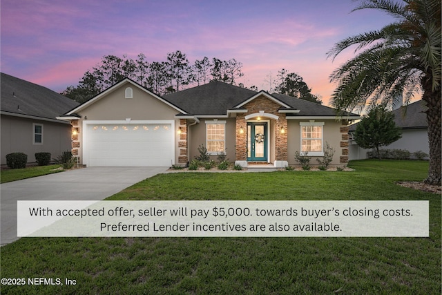 105 Weathered Oak Ct, Saint Johns, FL 32259 - ranch-style house with driveway, a garage, a yard, and stone siding