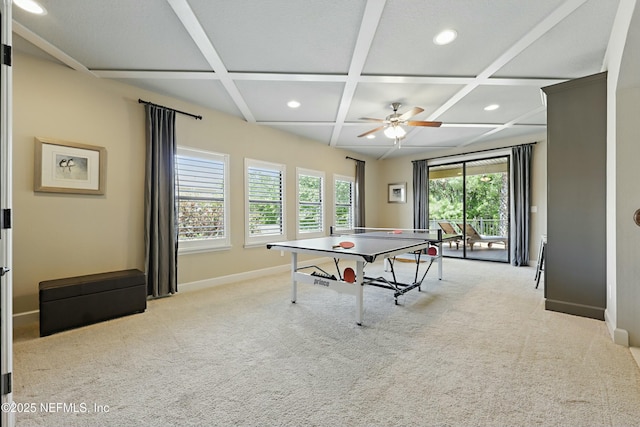 rec room with baseboards, a ceiling fan, carpet floors, recessed lighting, and coffered ceiling