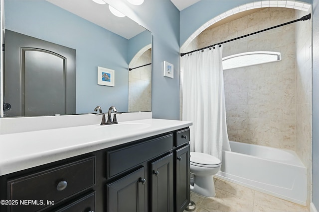 full bathroom with toilet, tile patterned floors, vanity, and shower / bath combination with curtain