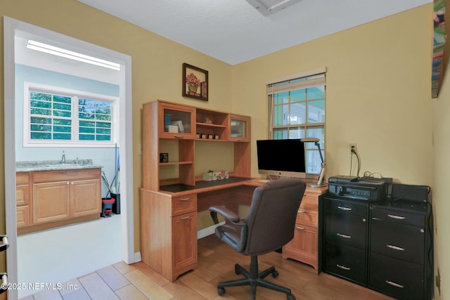 4864 County Road 218, Middleburg, FL 32068 - home office with light wood-style flooring, baseboards, a sink, and a healthy amount of sunlight