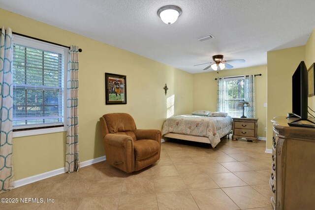 4864 County Road 218, Middleburg, FL 32068 - bedroom with light tile patterned floors, baseboards, visible vents, a ceiling fan, and a textured ceiling