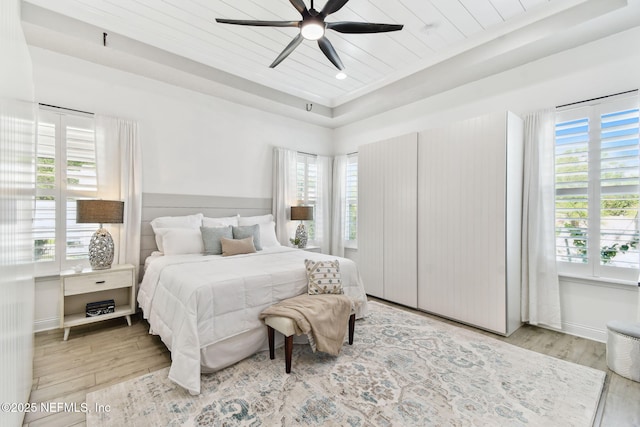 258 Haas Ave, Saint Augustine, FL 32095 - bedroom featuring wood finished floors, a raised ceiling, a ceiling fan, and wooden ceiling