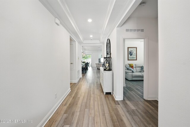 3313 Loofah Pl, Green Cove Springs, FL 32043 - hallway featuring light wood finished floors, recessed lighting, crown molding, visible vents, and baseboards