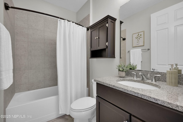 full bathroom with tile patterned flooring, toilet, vanity, and shower / bath combination with curtain