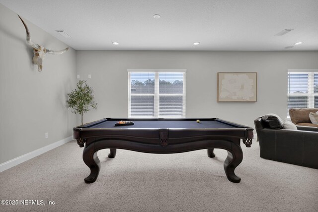 game room with recessed lighting, pool table, baseboards, and carpet floors