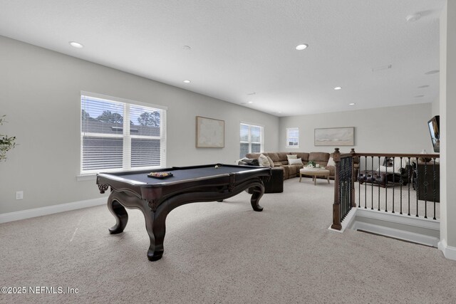 game room with recessed lighting, pool table, carpet, and baseboards