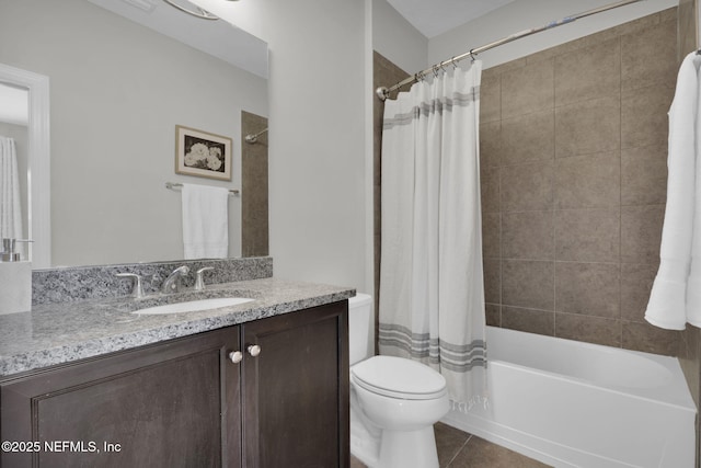 bathroom with toilet, tile patterned floors, shower / bathtub combination with curtain, and vanity