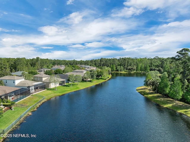 drone / aerial view with a water view