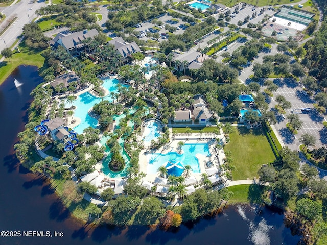 drone / aerial view featuring a water view