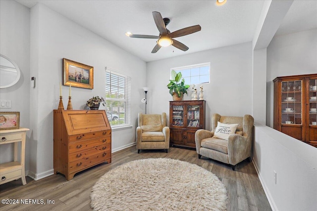 living area featuring wood finished floors, a ceiling fan, and a wealth of natural light