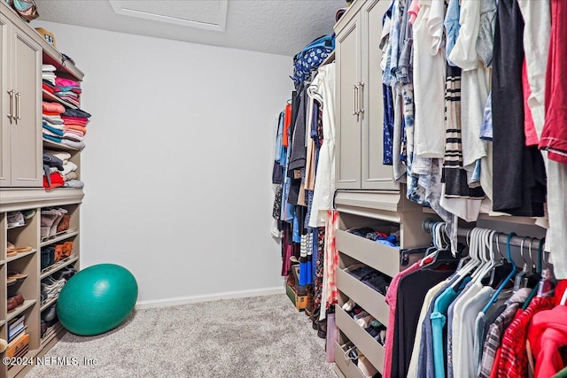 spacious closet with carpet floors and attic access