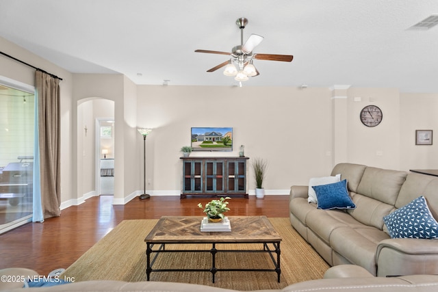 243 Olivette St, Saint Johns, FL 32259 - living room featuring visible vents, ceiling fan, arched walkways, and wood finished floors