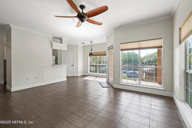 10961 Burnt Mill Rd Unit 622, Jacksonville, FL 32256 - unfurnished living room with crown molding, ceiling fan, and baseboards