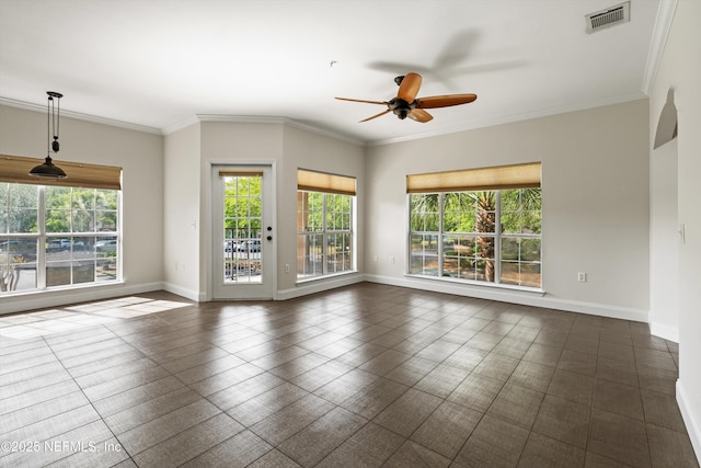 10961 Burnt Mill Rd Unit 622, Jacksonville, FL 32256 - empty room featuring ornamental molding, visible vents, ceiling fan, and baseboards