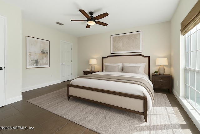 10961 Burnt Mill Rd Unit 622, Jacksonville, FL 32256 - bedroom featuring a ceiling fan, baseboards, dark tile patterned floors, and visible vents