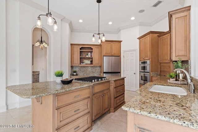 13648 Marsh Harbor Dr N, Jacksonville, FL 32225 - kitchen featuring an inviting chandelier, open shelves, visible vents, stainless steel appliances, and a sink