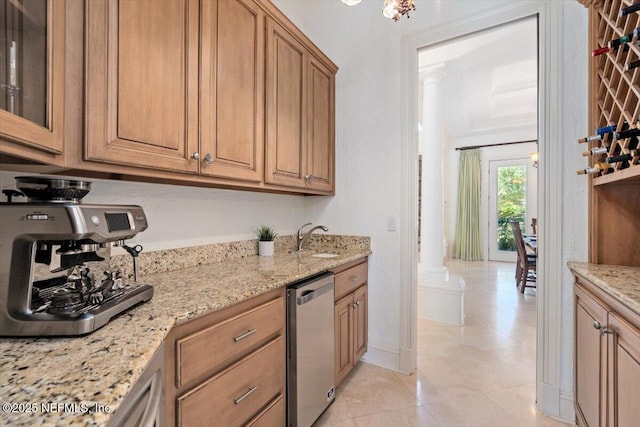 13648 Marsh Harbor Dr N, Jacksonville, FL 32225 - kitchen featuring stainless steel dishwasher, a sink, glass insert cabinets, and light stone countertops