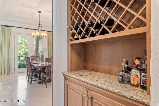 13648 Marsh Harbor Dr N, Jacksonville, FL 32225 - wine room featuring beamed ceiling, a notable chandelier, light tile patterned flooring, and coffered ceiling