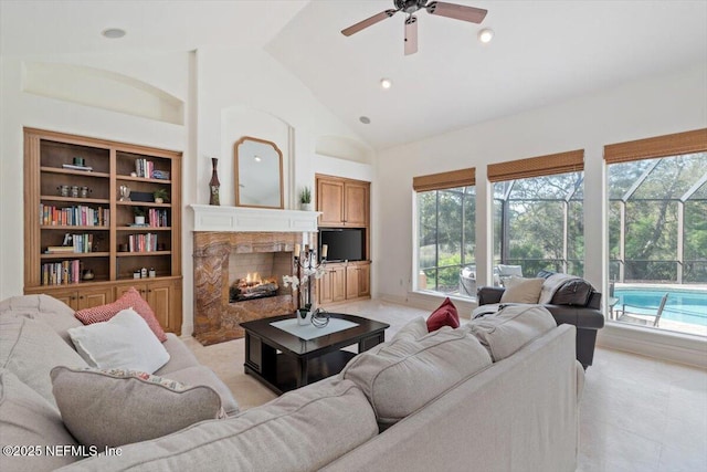 13648 Marsh Harbor Dr N, Jacksonville, FL 32225 - living area with a fireplace, recessed lighting, a ceiling fan, high vaulted ceiling, and a sunroom