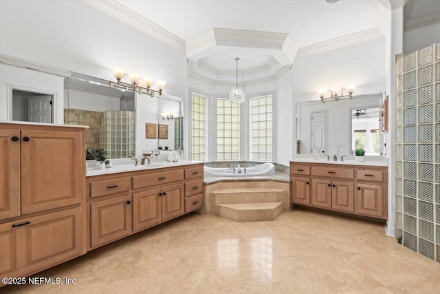 13648 Marsh Harbor Dr N, Jacksonville, FL 32225 - bathroom featuring a wealth of natural light, a bath, a notable chandelier, and ornamental molding