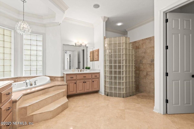 13648 Marsh Harbor Dr N, Jacksonville, FL 32225 - full bathroom with a garden tub, an inviting chandelier, ornamental molding, and vanity