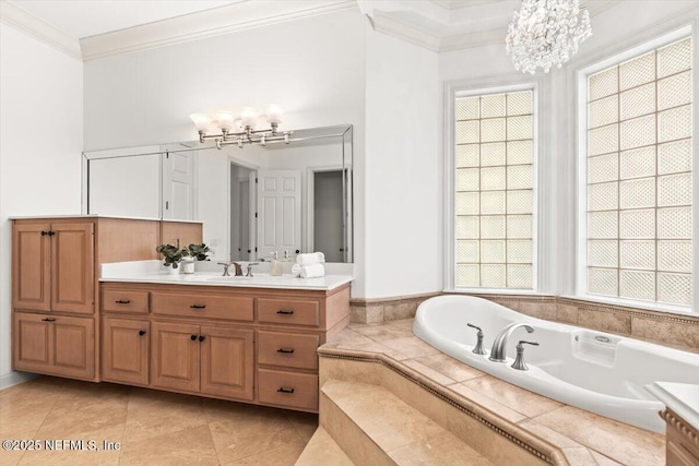 13648 Marsh Harbor Dr N, Jacksonville, FL 32225 - full bath featuring ornamental molding, a bath, a chandelier, and vanity