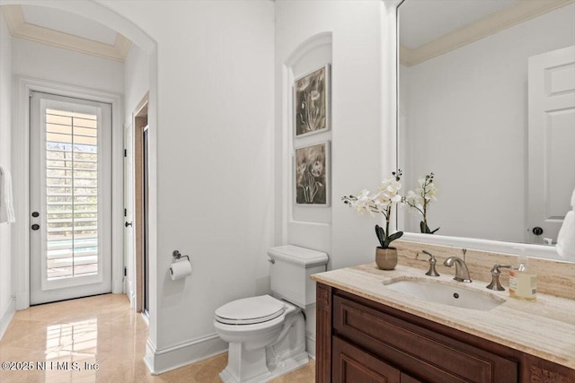 13648 Marsh Harbor Dr N, Jacksonville, FL 32225 - full bath featuring vanity, ornamental molding, toilet, a stall shower, and baseboards