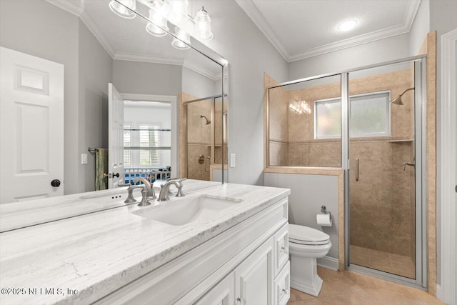 13648 Marsh Harbor Dr N, Jacksonville, FL 32225 - bathroom with toilet, crown molding, a shower stall, vanity, and tile patterned floors