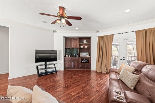 13648 Marsh Harbor Dr N, Jacksonville, FL 32225 - living room with ceiling fan, dark wood-type flooring, recessed lighting, french doors, and baseboards