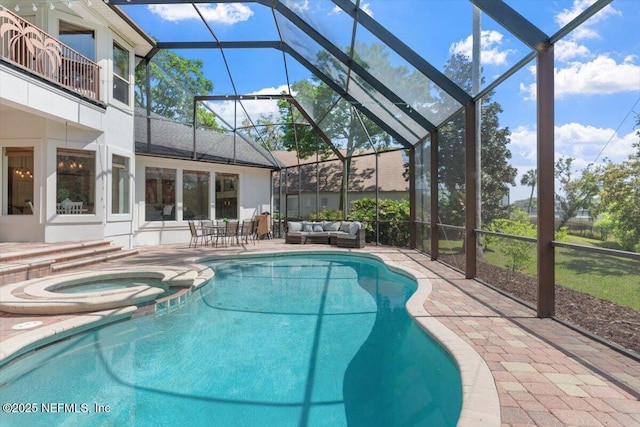 13648 Marsh Harbor Dr N, Jacksonville, FL 32225 - view of swimming pool with an outdoor living space, a patio, a pool with connected hot tub, and glass enclosure